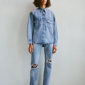 NWT ZARA Ripped Stain Dye Jeans Blue Size 6